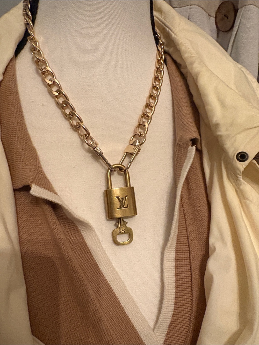 Louis Vuitton Gold Tone LV Monogram Padlock #320 with unbranded chain